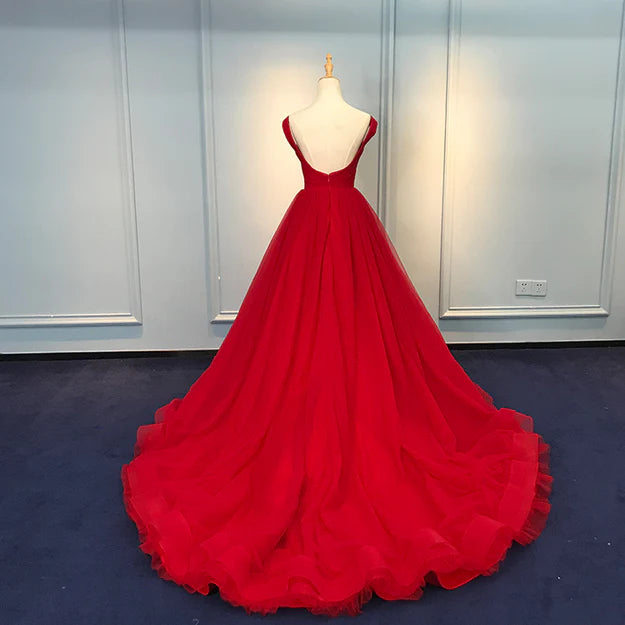 Luolandi Red Sweetheart Straps Long Ball Gown Evening Dress Tulle Prom Dress Floor Length Elegant