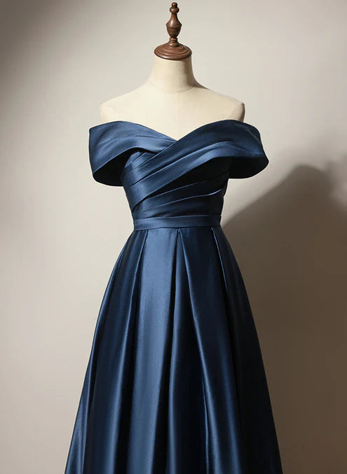 Luolandi A-line Navy Blue Satin Long Party Dress Prom Dress Elegant Evening Dress Formal Dress