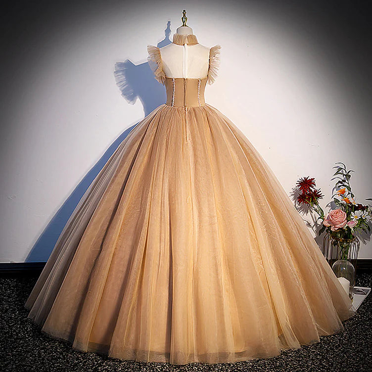 Luolandi Champagne Tulle Beaded Long Sweet 16 Formal Dresses Party Dresses A Line Prom Dress