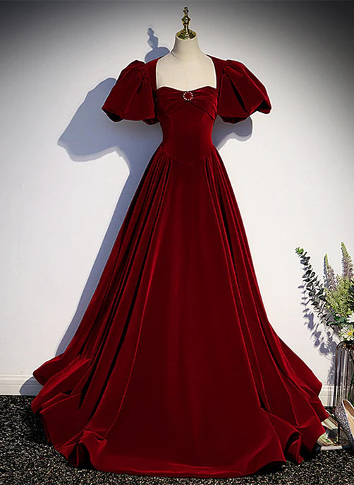 Luolandi Wine Red Velvet Puffy Sleeves Long Party Dress Prom Dress Elegant Evening Dress december wedding guest dress