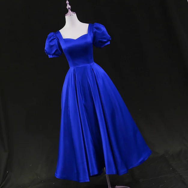 Luolandi Royal Blue Satin Tea Length Wedding Party Dress Prom Homecoming Dress Evening Dress