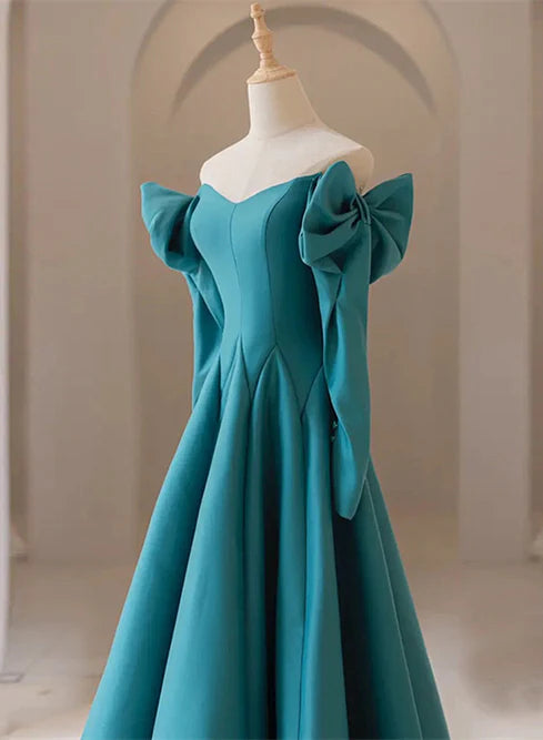 Luolandi Teal Blue Long Sleeves with Bow A-line Sweetheart Prom Dress Evening Dress Elegant