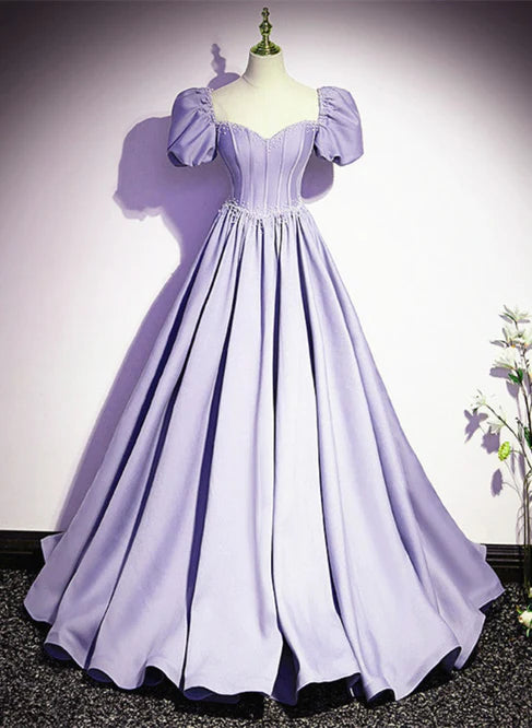 Luolandi Light Purple Satin Short Sleeves Beaded Party Dress A-line Long Prom Dress Elegant Evening Dress
