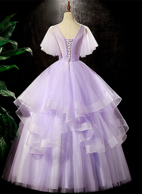 Luolandi Lavender Tulle V-neckline Sweet 16 Dress with Flowers Formal Dress Prom Dress Beautiful