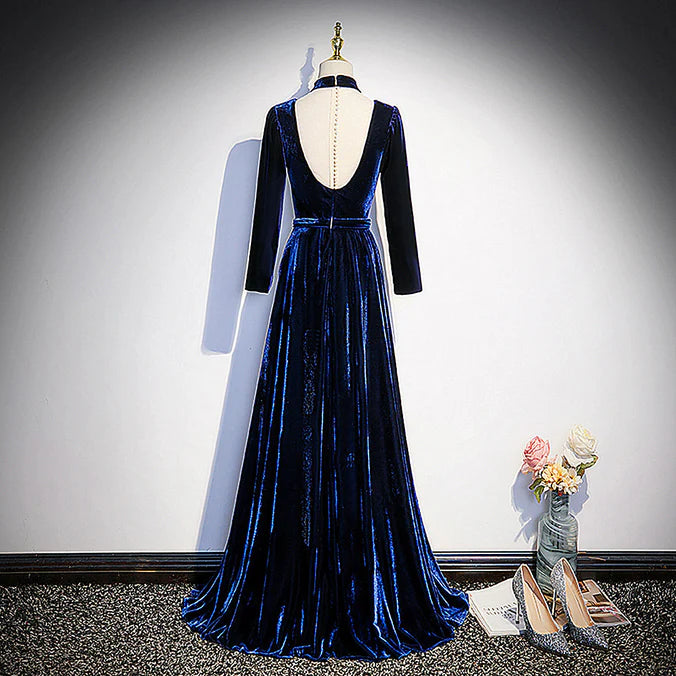 Luolandi Blue Velvet Long Sleeves Floor Length Wedding Party Dress Formal Gown Elegant Evening Dress