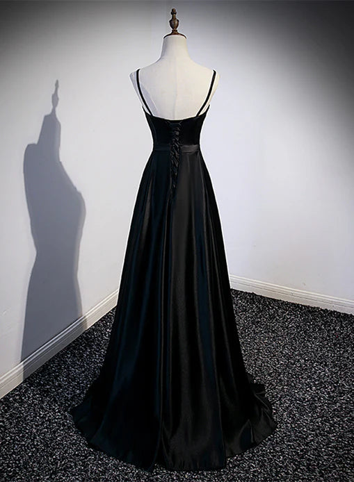 Luolandi Black Satin Straps Long Party Dress Sweetheart Long Evening Dress Prom Dress Formal Dress