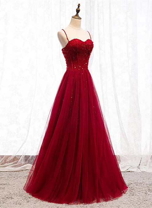 Luolandi Straps Dark Red Beaded Sweetheart Long Formal Dress Junior Prom Dress A Line december wedding guest dress