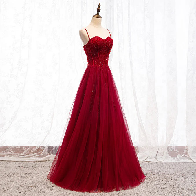 Luolandi Straps Dark Red Beaded Sweetheart Long Formal Dress Junior Prom Dress A Line december wedding guest dress