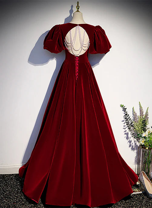 Luolandi Wine Red Velvet Puffy Sleeves Long Party Dress Prom Dress Elegant Evening Dress december wedding guest dress