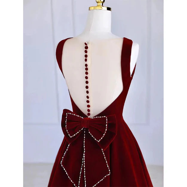 Luolandi Wine Red Tea Length Velvet Party Dress with Bow Burgundy Wedding Party Dress Evening Dress
