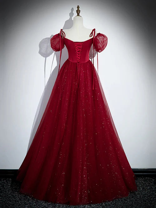 Luolandi Wine Red Satin and Tulle Straps Long Prom Dress Off Shoulder Party Dress Elegant Evening Dress