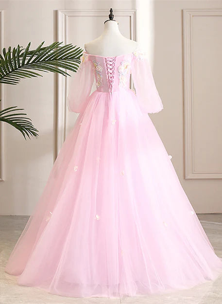 Luolandi Cute Pink Ball Gown Sweet 16 Dress with Flowers Pink Tulle Long Formal Dress Prom Dress
