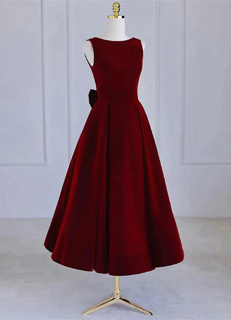 Luolandi Wine Red Tea Length Velvet Party Dress with Bow Burgundy Wedding Party Dress Evening Dress