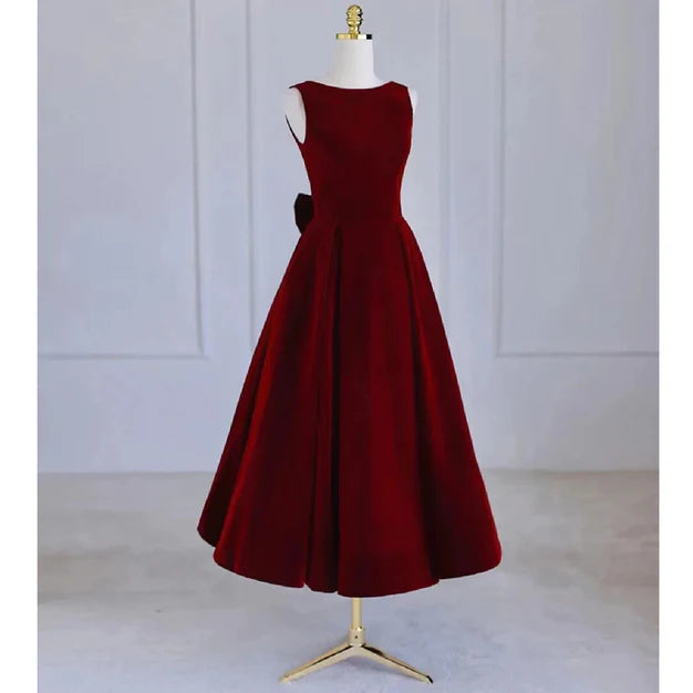 Luolandi Wine Red Tea Length Velvet Party Dress with Bow Burgundy Wedding Party Dress Evening Dress