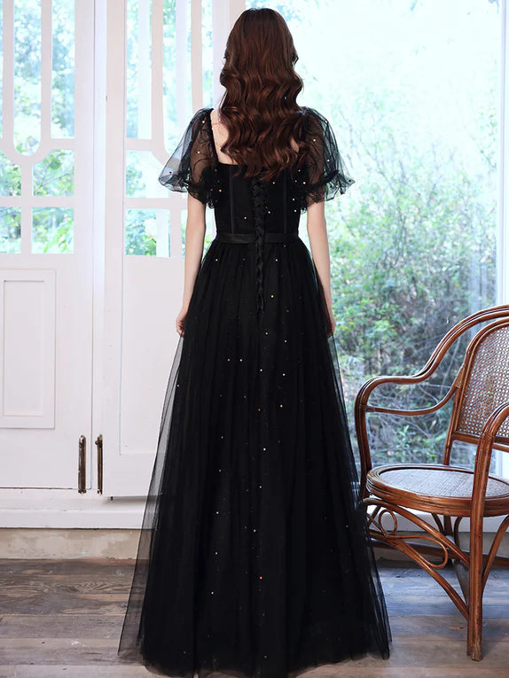 Luolandi Black Off Shoulder Tulle Long Party Dress A-line Long Prom Dress Short Sleeves Elegant Evening Dress