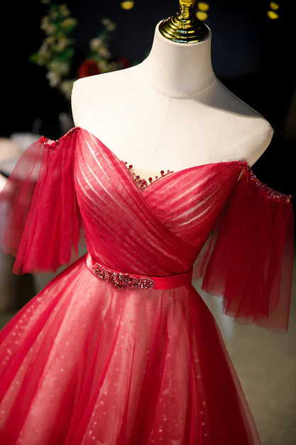 Luolandi Red Off Shoulder Tulle Sweetheart Party Dress Ball Gown Sweet 16 Dress Prom Dress