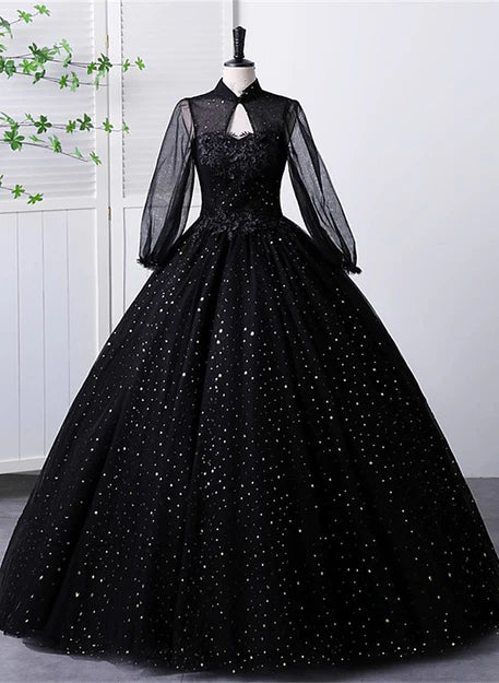Luolandi Black High Neckline Long Sleeves Tulle Sweet 16 Dress Ball Gown Formal Dress Prom Dress