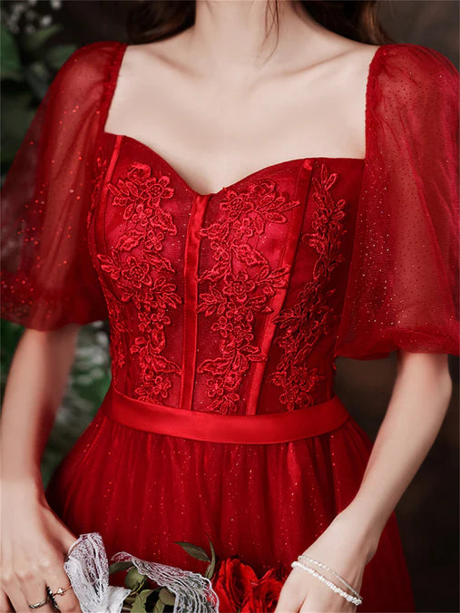 Luolandi Cute Wine Red Tulle with Lace Tea Length Formal Dress Evening Dresses Prom Dress