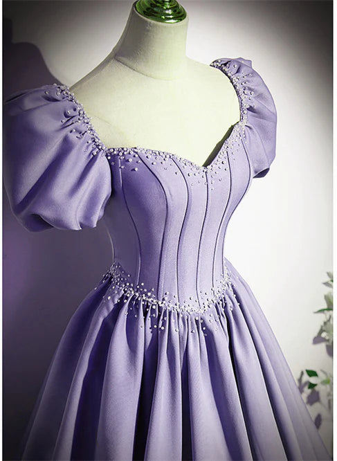 Luolandi Light Purple Satin Short Sleeves Beaded Party Dress A-line Long Prom Dress Elegant Evening Dress