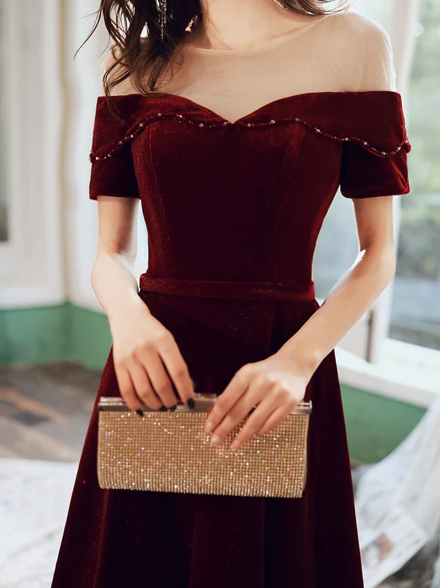 Luolandi Wine Red Velvet Long A-line Bridesmaid Dress Prom Dresses Off Shoulder Elegant Evening Dress