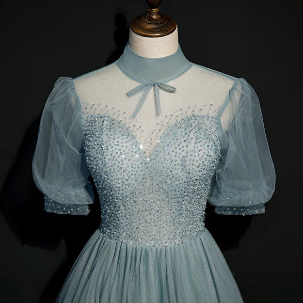 Luolandi High Quality Beaded Short Sleeves Formal Dress Tulle A-line Party Dress Prom Dress Charming Evening Dress