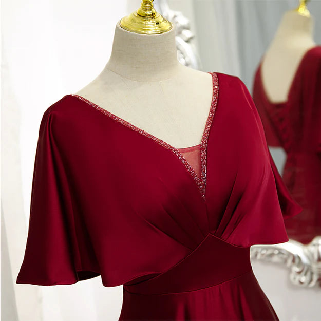 Luolandi Dark Red Satin A-line Floor Length Evening Dress Wine Red Wedding Party Dress Formal Dress