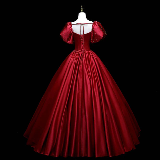 Luolandi Wine Red Satin Beaded Ball Gown Sweet 16 Dress Evening Formal Dress Short Sleeves Elegant