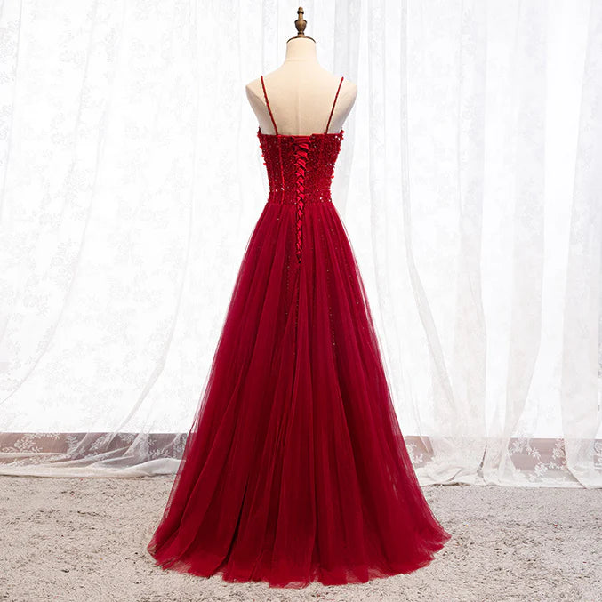 Luolandi Straps Dark Red Beaded Sweetheart Long Formal Dress Junior Prom Dress A Line december wedding guest dress
