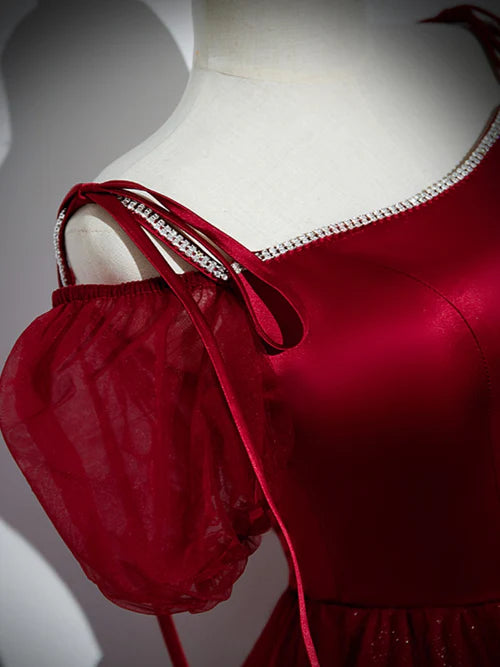 Luolandi Wine Red Satin and Tulle Straps Long Prom Dress Off Shoulder Party Dress Elegant Evening Dress