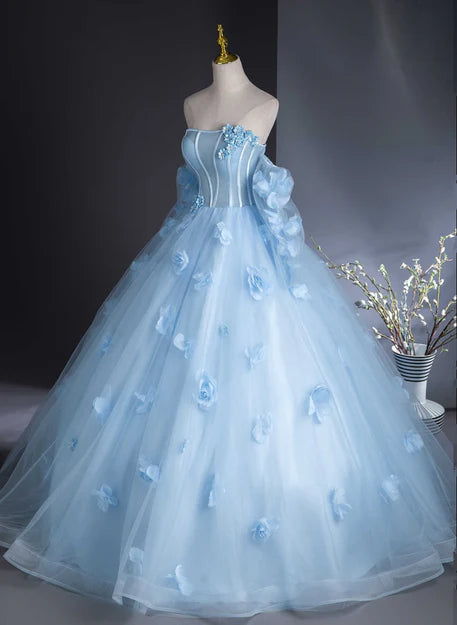 Luolandi Light Blue Flowers and Tulle Puffy Sleeves Prom Dress Sweet 16 Dress Off Shoulder Floor Length