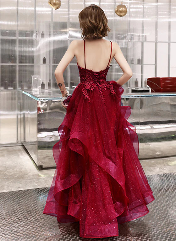 Luolandi Wine Red Shiny Tulle Layers Straps Party Dress with Lace V-neckline Prom Dress Elegant Evening Dress