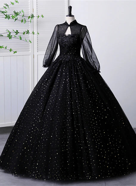 Luolandi Black High Neckline Long Sleeves Tulle Sweet 16 Dress Ball Gown Formal Dress Prom Dress