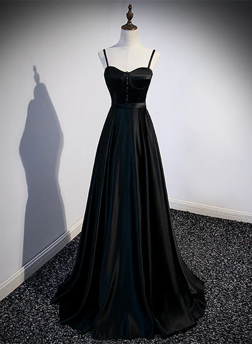 Luolandi Black Satin Straps Long Party Dress Sweetheart Long Evening Dress Prom Dress Formal Dress