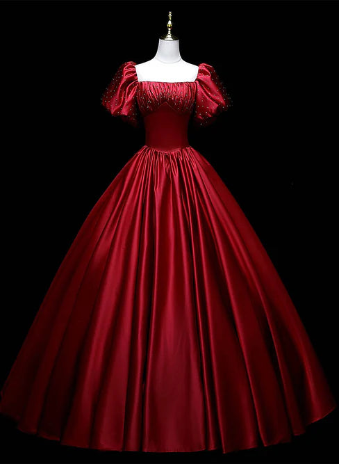 Luolandi Wine Red Satin Beaded Ball Gown Sweet 16 Dress Evening Formal Dress Short Sleeves Elegant
