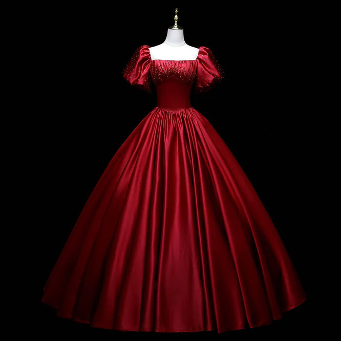Luolandi Wine Red Satin Beaded Ball Gown Sweet 16 Dress Evening Formal Dress Short Sleeves Elegant