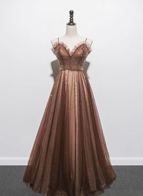 Luolandi Shiny Tulle Beaded Long Straps Floor Length Party Dress A-line Prom Gown Evening Dress