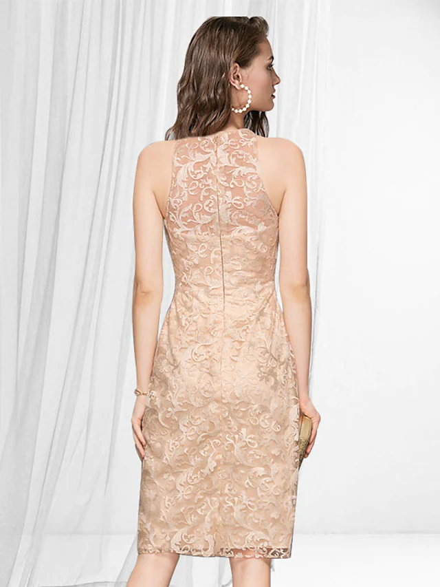 Luolandi Elegant bodycon Homecoming Party Wear Dress Jewel Neck Sleeveless Knee Length Lace with Lace