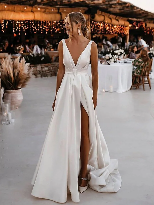 Luolandi A-Line Wedding Dresses V Neck Court Train Satin Sleeveless Simple Sexy with Sashes Ribbons