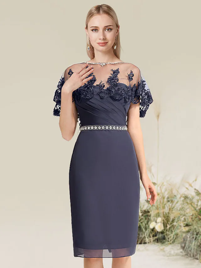 Luolandi Convertible Elegant Wedding Guest Cocktail Party Dress Strapless Short Sleeve Knee Length Lace with Lace Insert