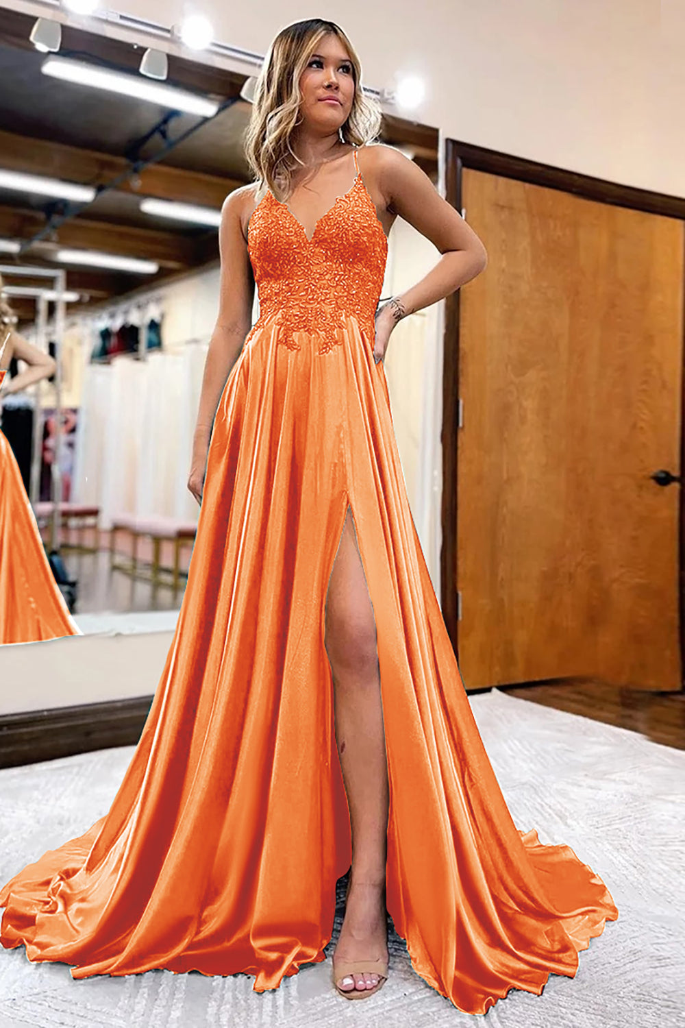 Luolandi Peacock Green Satin A-Line Appliques Prom Dress With Slit Sexy Evening Dress