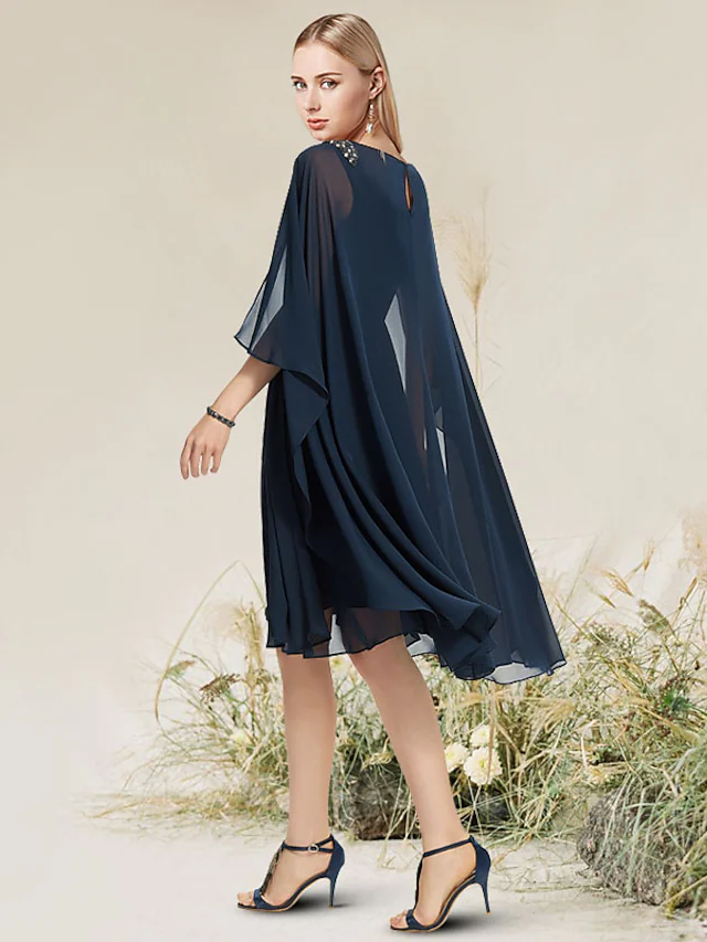 Luolandi A-Line Minimalist Elegant Wedding Guest Cocktail Party Dress V Neck Short Sleeve Knee Length Chiffon Lace Mother of the Bride Dress