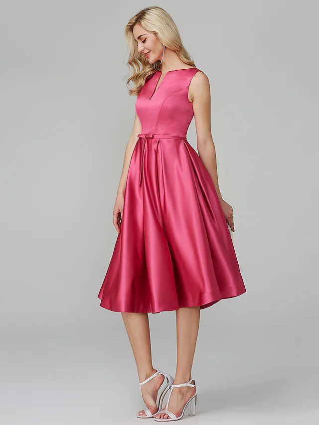 Luolandi A-Line Minimalist Elegant Cocktail Party Prom Valentine's Day Dress V Wire Sleeveless Knee Length Satin with Sash