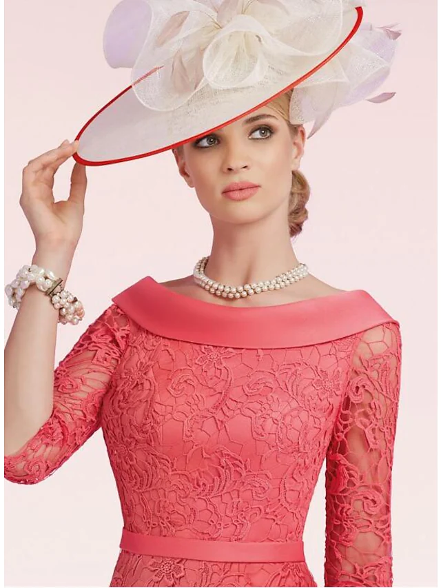 Luolandi Mother of the Bride Dress Plus Size Bateau Neck Knee Length Lace Satin Half Sleeve with Sash Ribbon Bow(s) Split