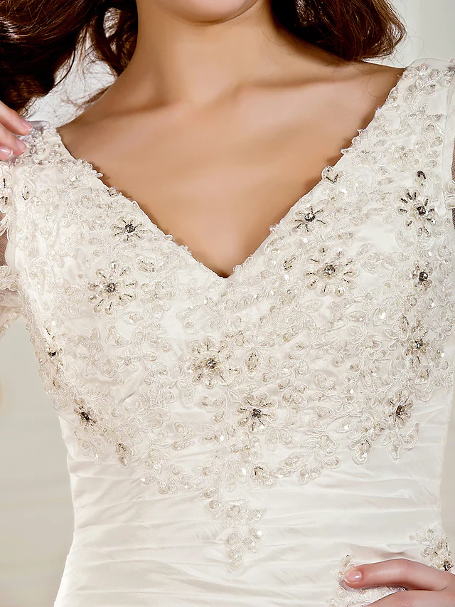 Luolandi Ball Gown Wedding Dresses V Neck Chapel Train Taffeta Half Sleeve See-Through with Ruched Beading