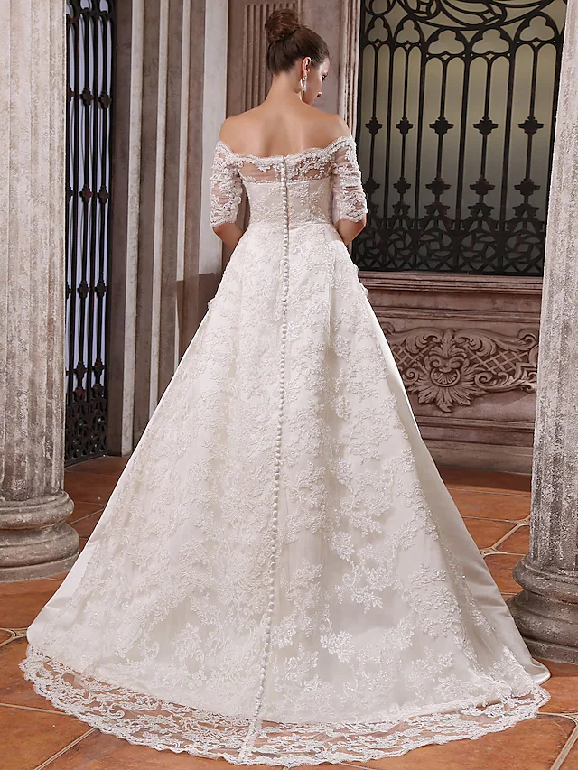 Luolandi Ball Gown Wedding Dresses Scalloped-Edge Off Shoulder Court Train Satin Half