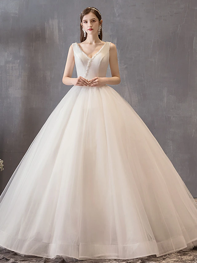 Luolandi Princess Ball Gown Wedding Dresses V Neck Floor Length Satin Tulle Sleeveless Formal Luxurious with Bow(s)
