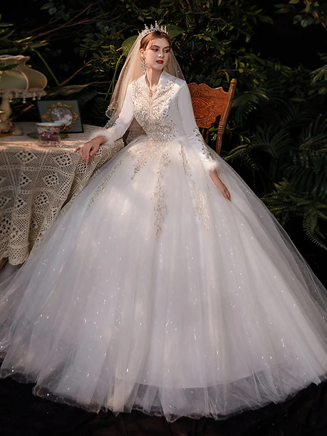 Luolandi Princess Ball Gown Wedding Dresses V Neck Floor Length Lace Tulle Long Sleeve Romantic Sparkle & Shine
