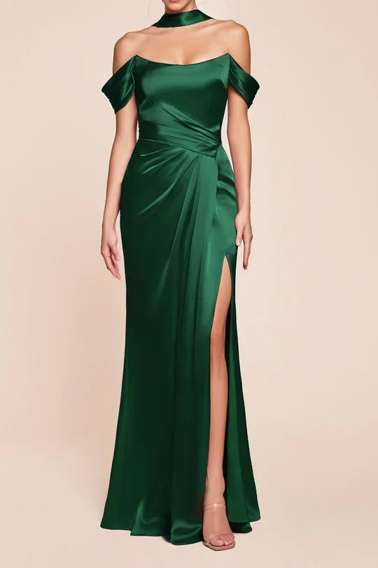 Luolandi Dress Off-Shoulder Satin Fitted Bridesmaid Dress With Side Slit Elegant Evening Party Dress