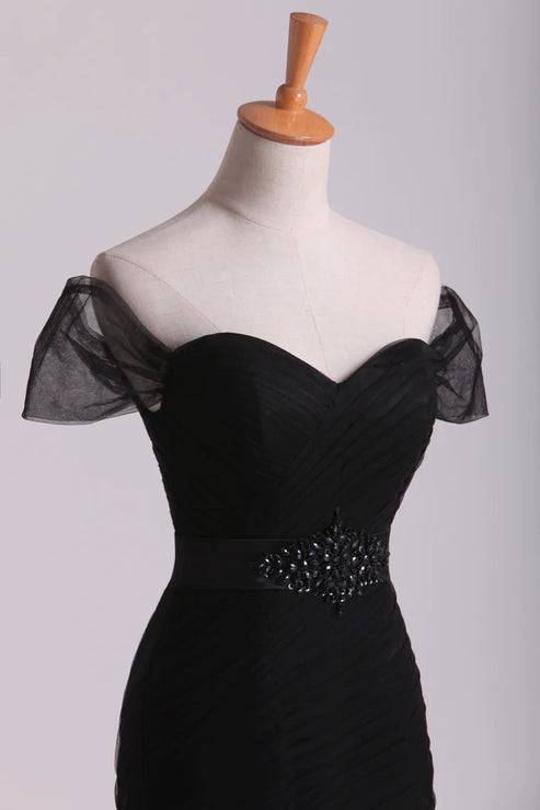 Luolandi Off The Shoulder Party Dresses Mermaid Train Floor Length With Beading Black Evening Dress