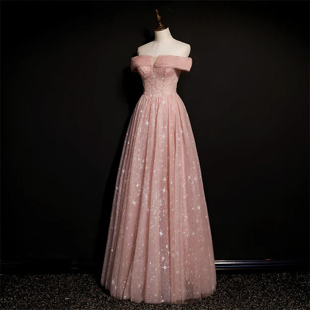 Luolandi Off Shoulder Pink Tulle Long A-line Prom Dress with Beadings Long Party Dress Evening Dress Elegant